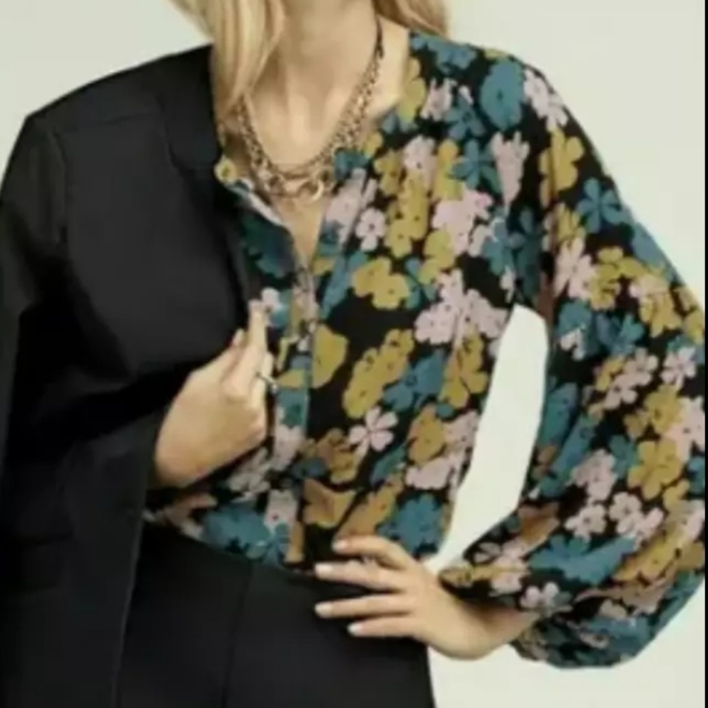 Cabi Favorite Blouse Floral Black Teal Gold